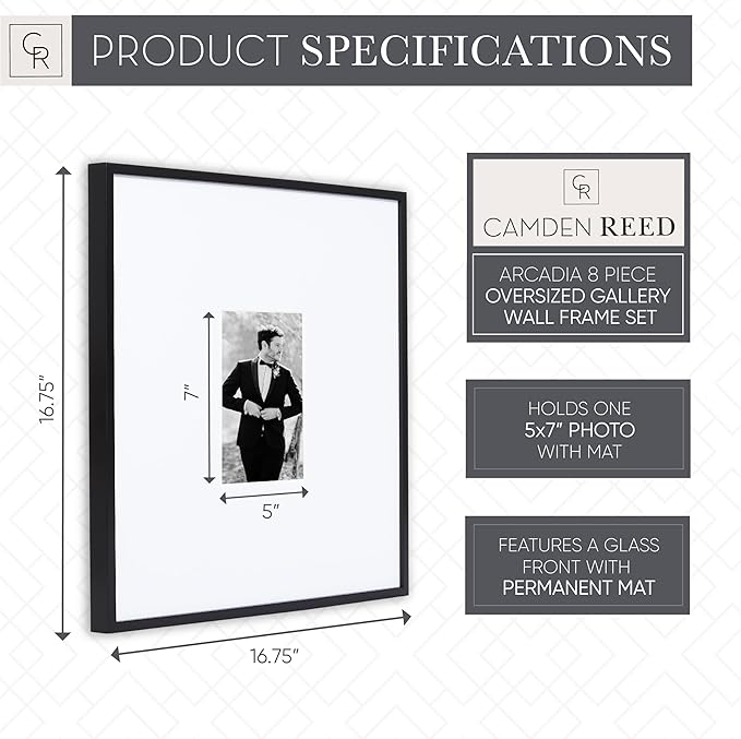 Camden Reed Arcadia 8 Piece Oversized Gallery Wall Frame, 16x20 and 16x16 Inch Matted Frames for Featuring 8x10 and 5x7 Inch Photographs or Art Prints, Black Finish