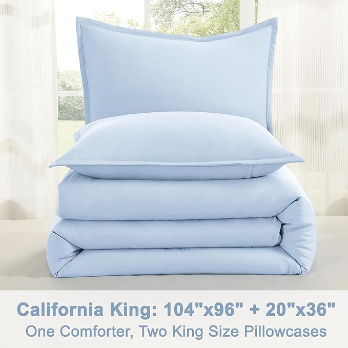 Litanika Comforters Light Blue California King Size, 3 Pieces Cal King Lightweight Solid Bedding Comforter Set, All Season Fluffy Bed Set (104x96In Comforter & 2 Pillowcases)