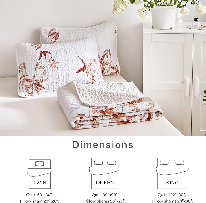 Botanical Quilt Set 3 Pieces King, Burnt Orange Leaves on White Design Reversible Bedspread Coverlet Set, Soft Microfiber Lightweight Bed Cover for All Season (102" x 90", 1 Quilt+ 2 Pillow Shams)