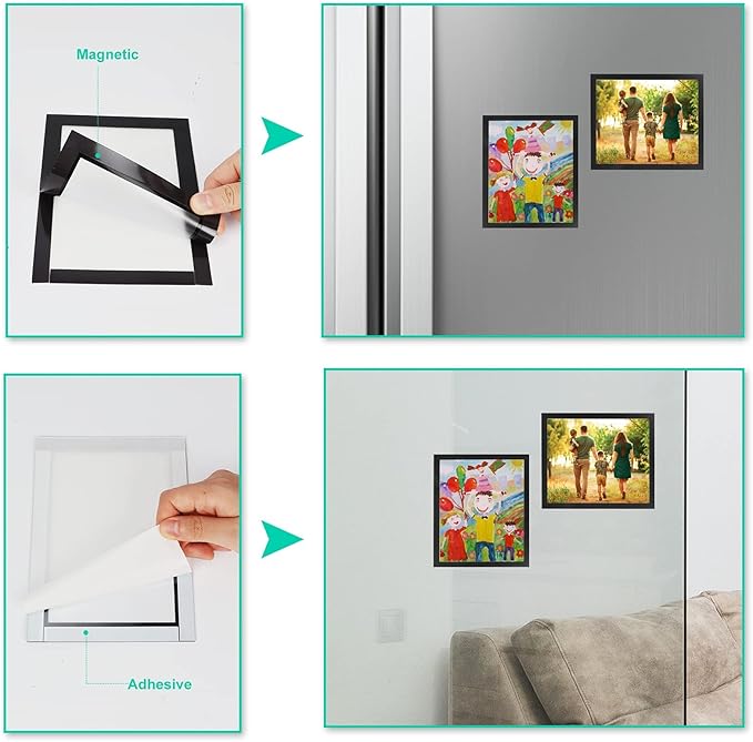 CRUGLA 8x10 Magnetic Picture Frames for Refrigerator 12 Packs, Modified Magnetic Sheet with Self Adhesive Backing, Black 8 by 10 Magnetic Photo Craft Frame Set for Glass Window Door Cubicle