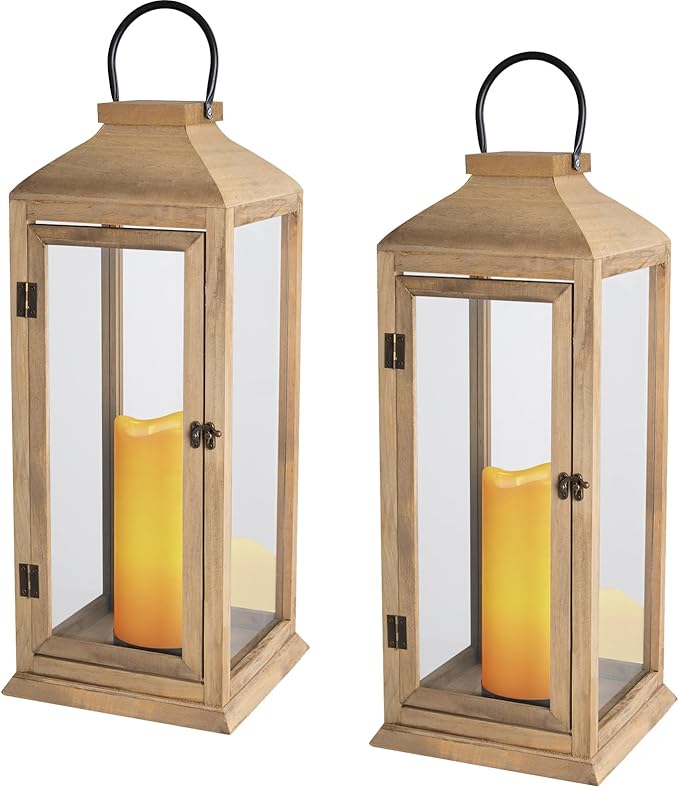 Bdor 2 Pack Lanterns Decorative - 27.5in New Zealand Pine Lanterns Decorative with Flameless Pillar Candles, Decorative Lanterns for Home Decor, Indoor Outdoor, Front Porch, Garden, Farmhouse Style