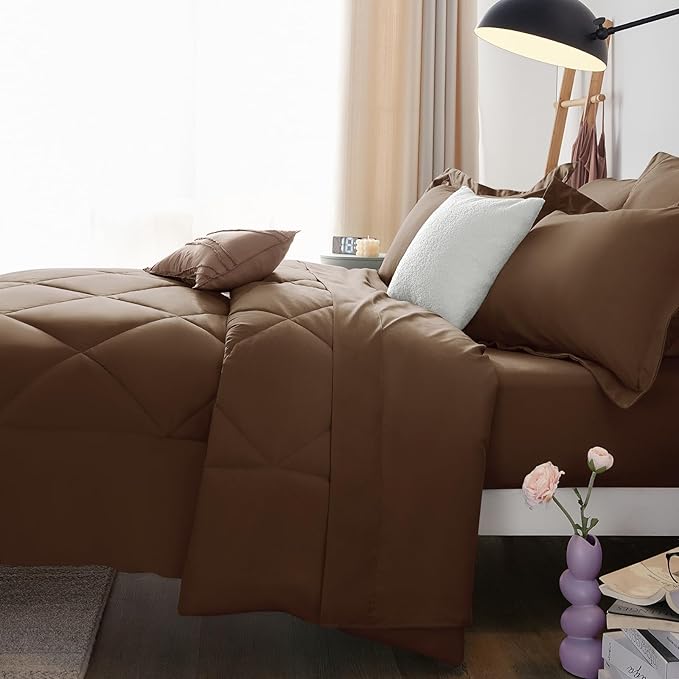 CozyLux Full Size Comforter Sets Brown - 7 Pieces Bed in a Bag Full, Luxury Soft Bed Set for All Seasons, Bedding Set with Down Alternative Comforter, Sheets, Pillowcases & Shams