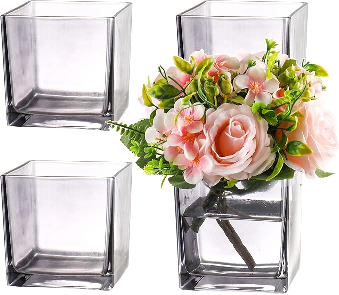 Square Glass Vases Set of 4, 5" x 5" x 5" Grey Flower Vases for Centerpieces, Square Vase for Flowers, Small Vase for Wedding, Party, Home Office Decoration