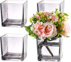 Square Glass Vases Set of 4, 5" x 5" x 5" Grey Flower Vases for Centerpieces, Square Vase for Flowers, Small Vase for Wedding, Party, Home Office Decoration