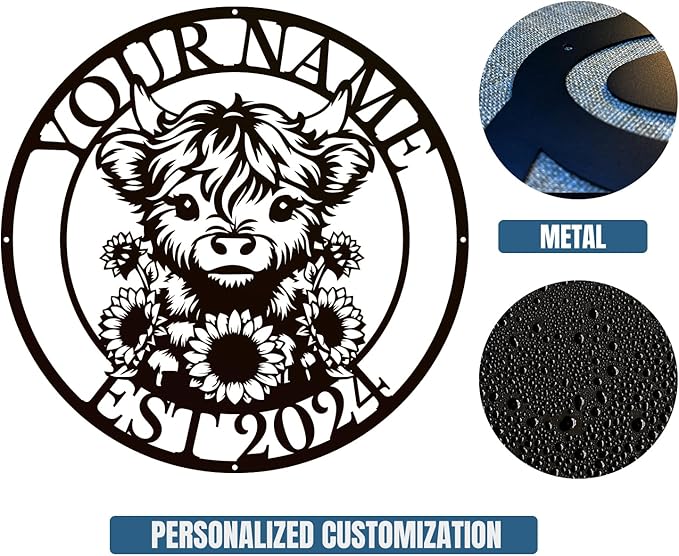 Personalized Highland Cow Name metal Signs,Custom Highland Cow Metal Shed Wall Decor,Black Metal Wall Art Plaques Outdoor wall Decorative Signage (Style E)