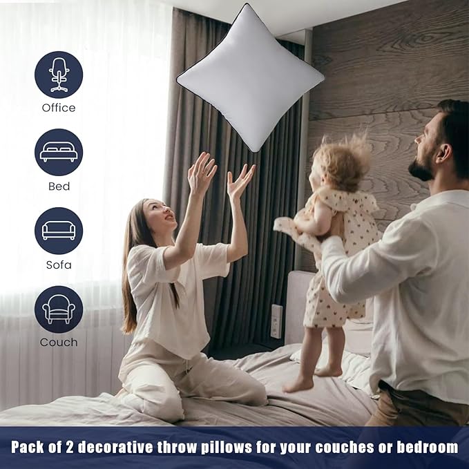OKBA 20x20 Throw Pillow Inserts Set of 2-Fluffy Square Cushions with 100% Cotton Covers-Decorative White Pillow Fillers for Sofa, Bed, Couch, Living Room, Indoor Hotel Pillows