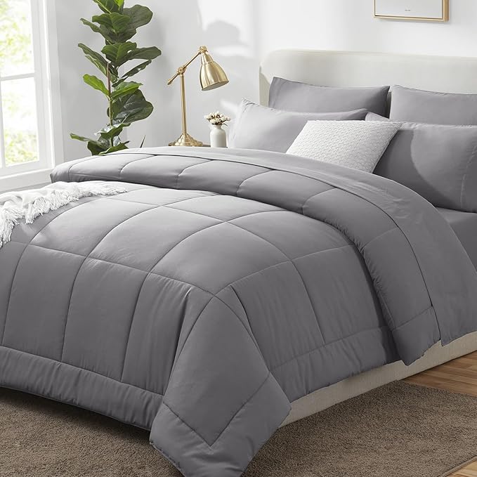 CozyLux King Size Comforter Set Grey, 7 Pieces Bed in a Bag, Gray Comforter King Size, All Season Bedding Sets with Stitch Quilted Comforter, Flat Sheet, Fitted Sheet, Pillowcases