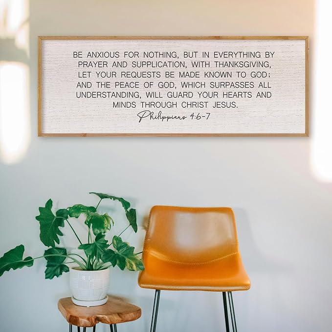 LuZhiQiang Be Anxious for Nothing Wall Decor 32"×12" Philippians 4:6-7 Bible Verse Sign Large Christian Scripture Wood Framed Hanging Decor (Wood)