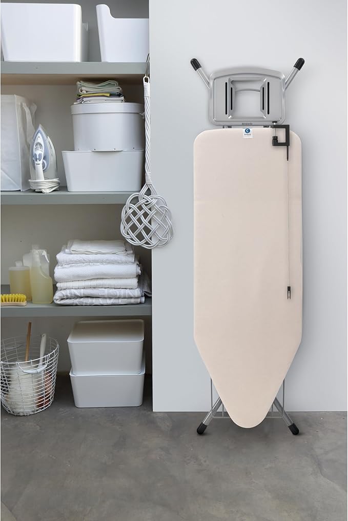 Brabantia Size C Ironing Board (49 x 18in) 7 Height Options, Solid Steam Iron Rest Holder & Linen Rack & Cord Holder (Ecru) Non-Slip Feet, Anti-Collapse Child Locks