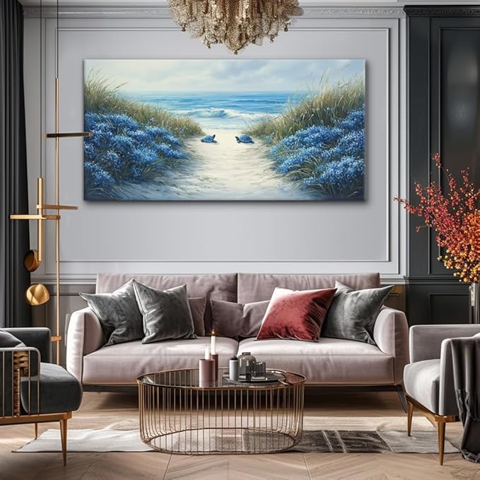 LASMOND Romantic Beach Wall Art for Living Room Blue Sea Turtle Lovers Canvas Painting Prints Ocean Sandy Romance Flowers Large Bedroom Office Decor Artwork (58x28 Inches)