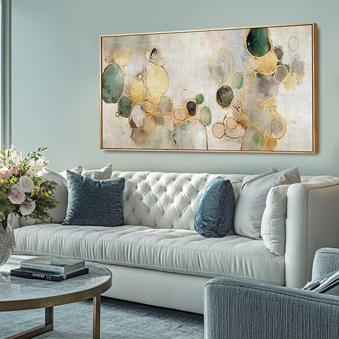 Gold Circle Modern Artwork Framed Abstract Wall Art Green Canvas Decor 24"x48" Wall Decorations for Bedroom Living Room Kitchen