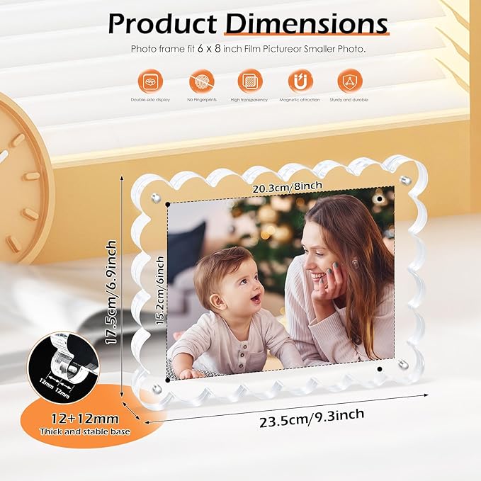 Magnetic Photo Frame 6×8Inch -3Pack Acrylic Scalloped Glass Frames, 12+12mm Thick Double-Sided Design, Clear Picture Frame with Thick Block | Trendy Home Gift Set Stylish Acrylic Frames (3Pack, 6×8)