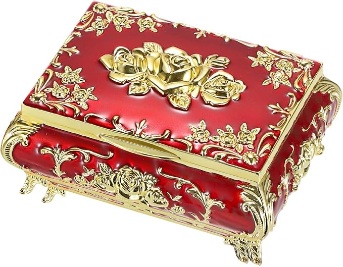ELLDOO Vintage Music Box, Gold Metal Musical Jewelry Box Keepsake Box, Small Trinket Jewelry Storage Box Gift for Girl Women (Tune: You are My Sunshine), Red
