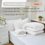 MUXHOMO 5 Pieces Twin Comforter Set, Seersucker Bed in a Bag Twin Size, All Season Luxury Bedding Set with Comforter, Flat Sheet, Fitted Sheet, Pillowcase & Sham, White