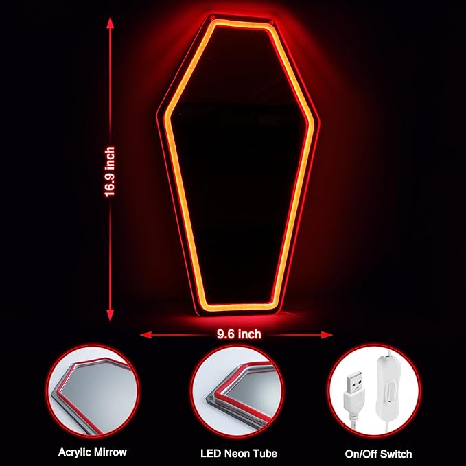 Kavaas Neon Coffin Mirror 16.9" x 9.6", Gothic LED Light Mirror Sign for Gothic Room Decor, Living Room, Bedroom, Bar - Best Gifts for Goth Lovers, Halloween Neon Signs Wall Art, Christmas