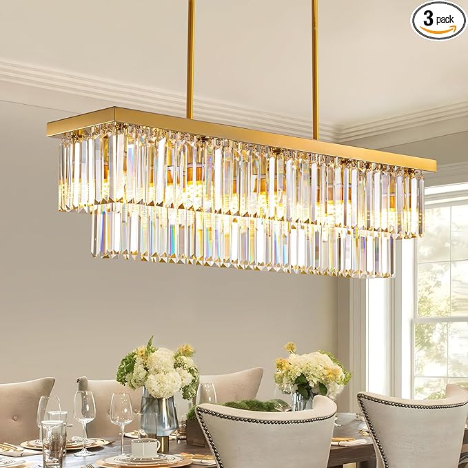 Siljoy 10 Lights Modern Crystal Chandelier Gold Rectangular 2 Tiers Crystal Raindrop Chandelier Luxury Adjustable Rectangle Flush Mount Pendant Ceiling Light for Dining Room Kitchen Island Bar L40''