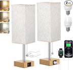 Wood Grain Bedside Table Lamps Set of 2 - Bedroom Lamps with 3 Color Temperatures (3000K/5000K/4000K), Square Nightstand Lamp with USB C + A Charging Ports