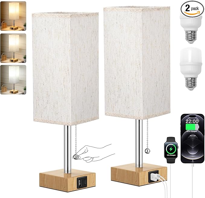 Wood Grain Bedside Table Lamps Set of 2 - Bedroom Lamps with 3 Color Temperatures (3000K/5000K/4000K), Square Nightstand Lamp with USB C + A Charging Ports