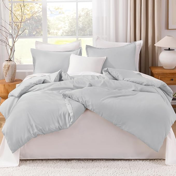 Litanika Comforters Light Grey Oversized Queen Size, 3 Pieces Lightweight Solid Bedding Comforter Set, All Season Fluffy Bed Set (98x98In Comforter & 2 Pillowcases)