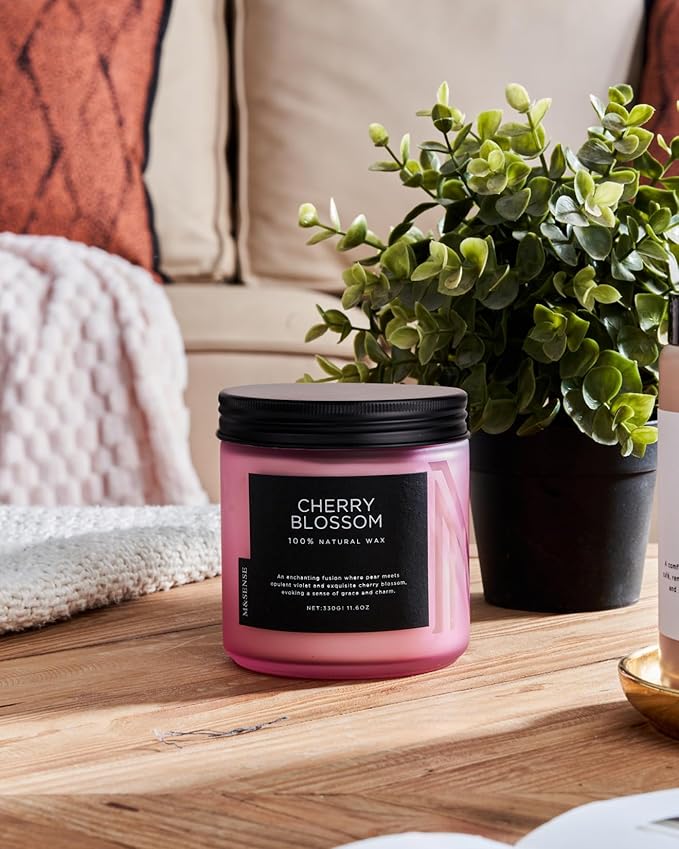 M&SENSE Cherry Blossom Scented Spring Candle, 70 Hours Long Lasting Soy Wax 11.6oz Stress Relief Aromatherapy Candles, Romantic Gifts for Women, Glass Jar for Bedroom Decor