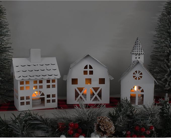 AuldHome Design Farmhouse Christmas Village Collection #2 w/Church, Barn and School (Set of 3, White); Candle Lantern Decorative Christmas Town Display