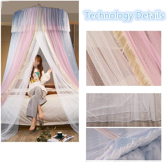 VETHIN Princess Bed Canopy for Girls,Bed Canopy Curtain- Double Layer Sheer Mesh Dome Bed Curtain- Round Lace Princess Mosquito Net Tent for Twin Full Queen King Bed(Blue/Pink/White)