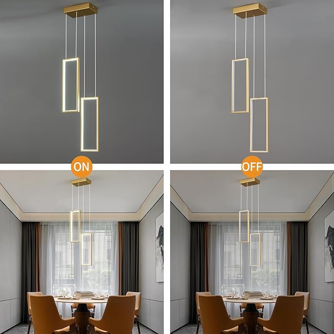 Modern Kitchen Pendant Light Fixture Gold 18W LED Pendant Light 2 Rings Rectangle Chandelier Pendant Lighting for Kitchen Island Living Room Dining Room Bedroom