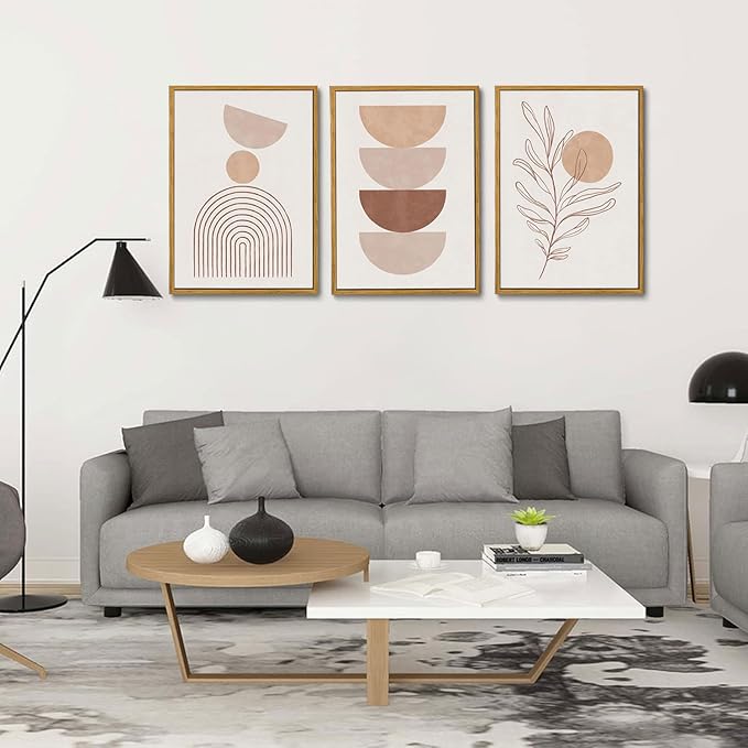 Bwodke Framed Boho Canvas Wall Art Large Mid Century Modern Prints Set of 3 Neutral Geometric Line Leaf Paintings Decor Minimalist Abstract Pictures Bedroom Living Room Bathroom