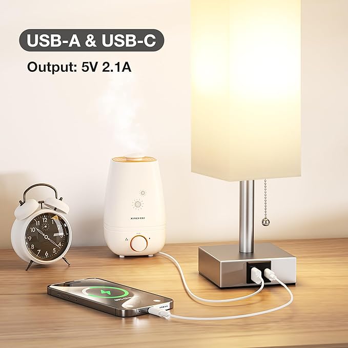 White Small Lamp for Bedroom - 3 Color Temperature 3000K 5000K 4000K Bedside Lamp, Pull Chain Control, USB A and C Charging Ports, Silver Base, for Kids Office Dorm nightstand, Bulb Included