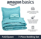Amazon Basics Full/Queen Comforter Set with Geometric Sheets, 7-Piece Industrial Teal Bedding, Lightweight Microfiber Bed-in-a-Bag