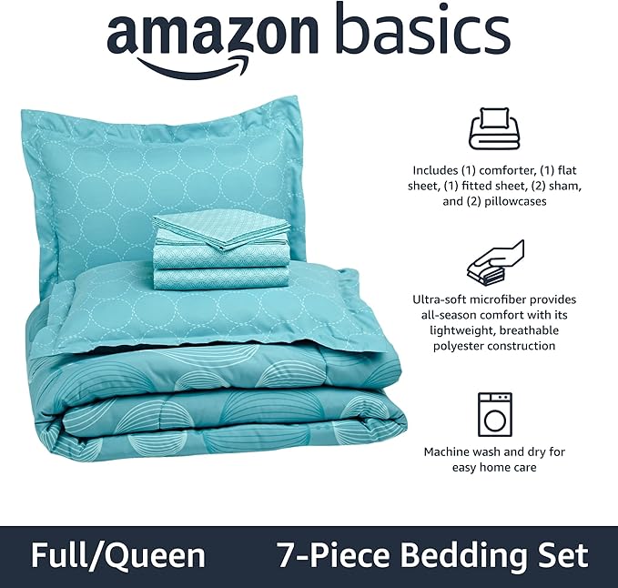 Amazon Basics Full/Queen Comforter Set with Geometric Sheets, 7-Piece Industrial Teal Bedding, Lightweight Microfiber Bed-in-a-Bag