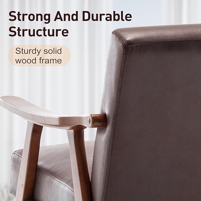Furnimart Accent Chairs Set of 2, Mid-Century Modern Chair Reading Chairs with Extra-Thick Backrest, Wooden Armchairs for Living Room, Bedroom, Waiting Room, Dark Brown Faux Leather Fabric