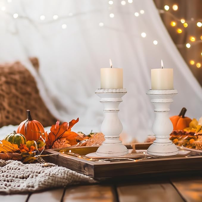 Candle Holder for Pillar Candle Set of 2, Farmhouse Wood Candle Holder, Rustic Wooden Candle Stand, Vintage Wooden Candlestick Holders Decorative for Living Room, Table Centerpiece, Antique White