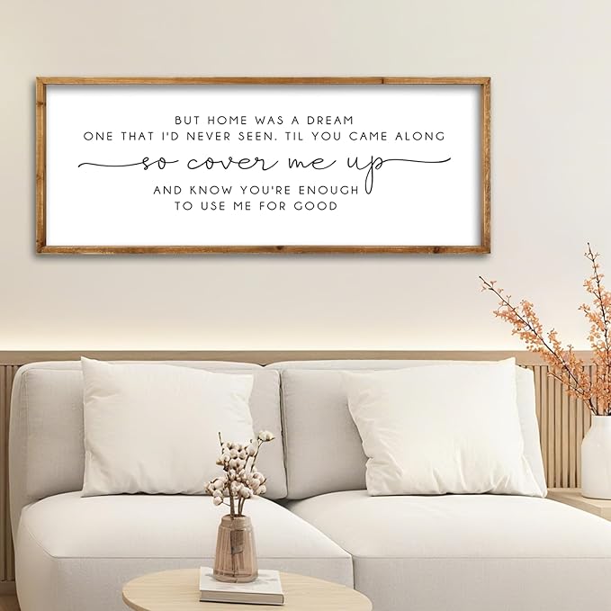 ZZJJHYWGQ Romantic Quote Wall Art So Cover Me Up Sign 32"×12" Inspirational Home Was A Dream Decor Rustic Large Wood Framed Print for Bedroom Living Room Couples Motivational Wall Hanging (Wood)
