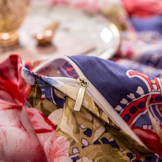 ABREEZE Colorful Floral Duvet Cover Queen 100% Cotton Flower Duvet Cover 3 Piece Set 1 Multi-Colored Damask Paisley Duvet Cover with Zipper Ties 2 Pillowcases Luxury Soft Peony Print Bedding Set