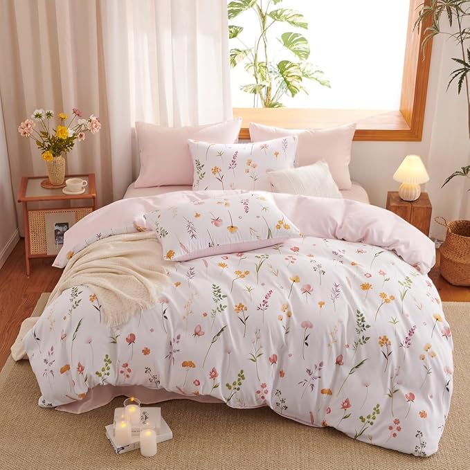 Floral Comforter Set Twin Size - 2 Pieces Pink White Floral Comforter Bedding Sets Reversible Pattern,Twin Back to School Comforter with Flowers Patterned and 1 Pillowcase
