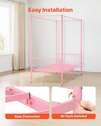 VEVOR Canopy Bed Frame Twin Size, Metal Canopy Bed with Minimalist Headboard & Four Posters Design, Heavy Duty Steel Slats Support, Underbed Storage Space, No Box Spring Needed, Easy Assembly, Pink