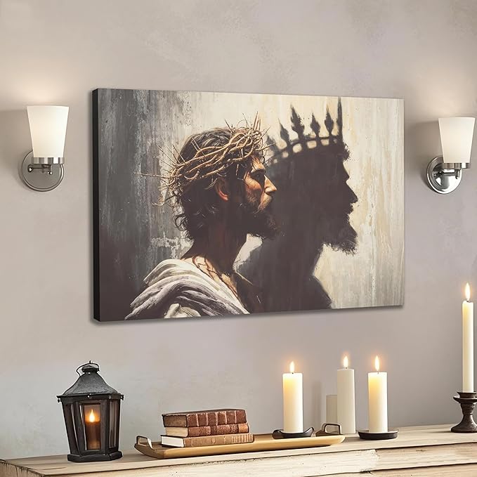Framed Jesus is the King Christian Wall Art, Jesus and Crown Canvas Wall Decor Christ Biblical Pictures Painting Prints Religious Room Decor for Church Prayer Room Schools Hospitals 12" x 16"