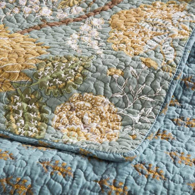 ENASAL Cotton Bedspread Quilt Sets Reversible Bedding Coverlet Sets Comforter, Vintage Floral Farmhouse Pastoral Turquoise Bedspread, Queen Size