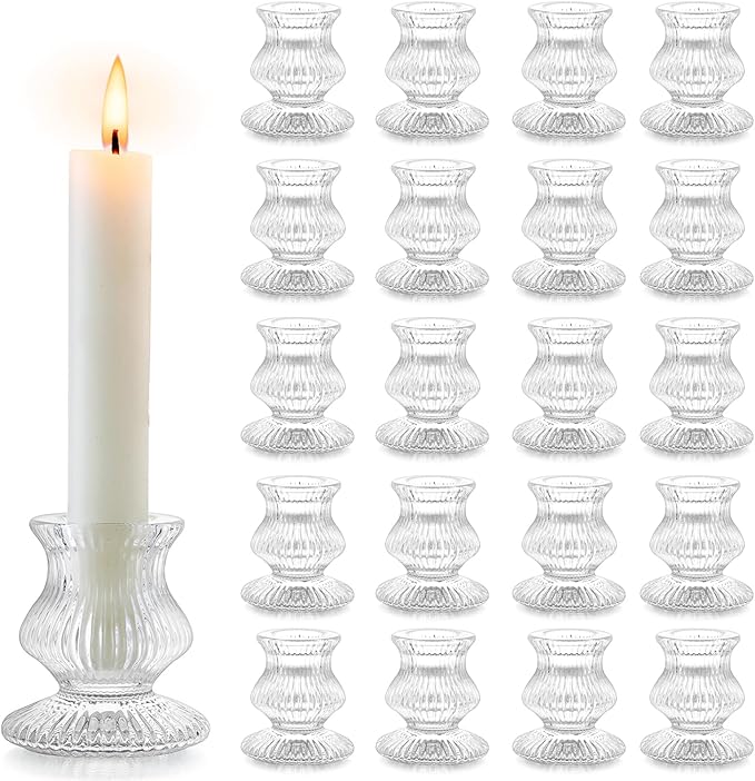 Romadedi Glass Candle Holder for Candlestick - 20 Pcs Clear Small Tapered Candle Holder Decor Bulk Wedding Table Centerpiece for Candle Sticks Christmas Party Living Room Dinner Advent