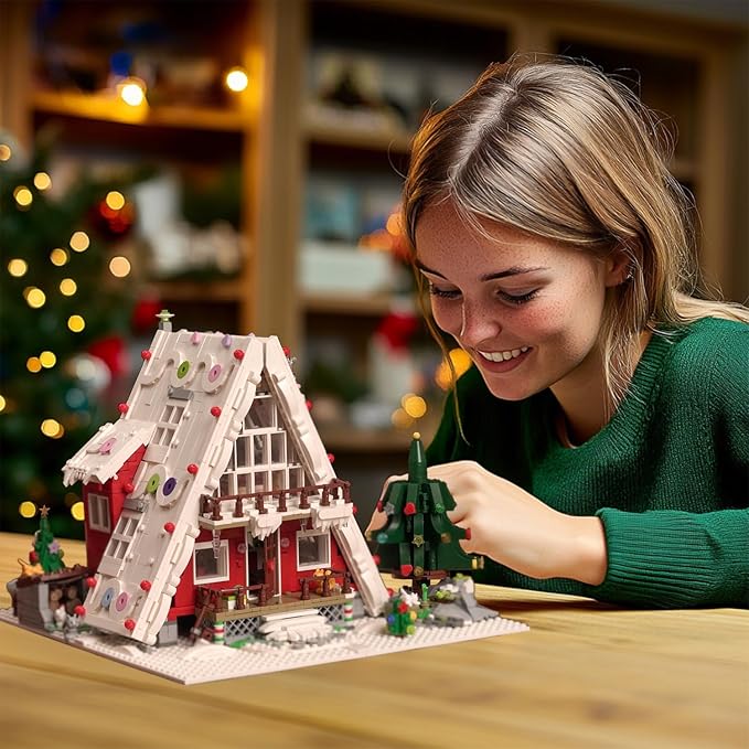 Art Log House Building Block Set With LED Lights, 2159 Pieces Christmas Toy Set, Scene With Santa Claus, Tree, Deer, for Adults, Boys and Girls