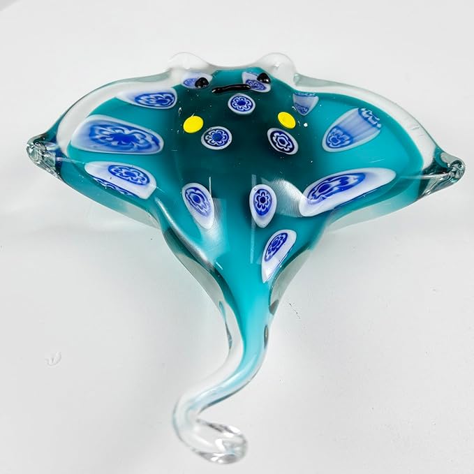 Crystal Ray Fish Figurine Hand Blown Glass Manta Ray Statue Collectibles Ocean Art Sea Animal Home Table Decor Gift Green 4.9''