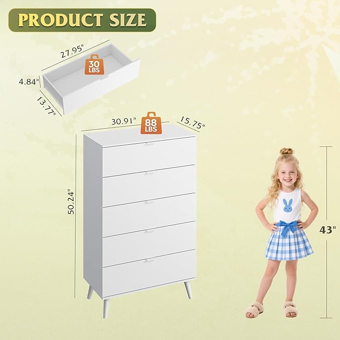 WLIVE 5 Drawer Dresser for Bedroom, Tall Wood Dresser, White Dressers Storage Organizer with Sturdy Metal Handle, Chest of Drawers for Living Room, Hallway, Closet