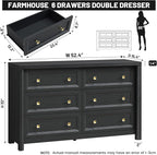 Black Dresser, Farmhouse 6 Drawer Dresser for Bedroom, 52 inch Wide Dressers with Deep Drawers, Vintage Dressers, Solid Wood Chest of Drawers for Bedroom, Nursery