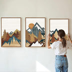 SIGNINART Large Mountain Framed Canvas Wall Art, Boho Sunrise Wilderness Art Prints, Vintage Forest Nature Artwork, Modern Farmhouse Woodcut Style Wall Decor for Living Room Bedroom Office 24"x36"x3