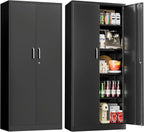 71" Garage Storage Cabinets with Lock, Cabinets with Doors and Shelves, Kitchen Pantry Cabinet, Metal Cabinet for Office, Garage, Shop, School, Assemble Required, Black