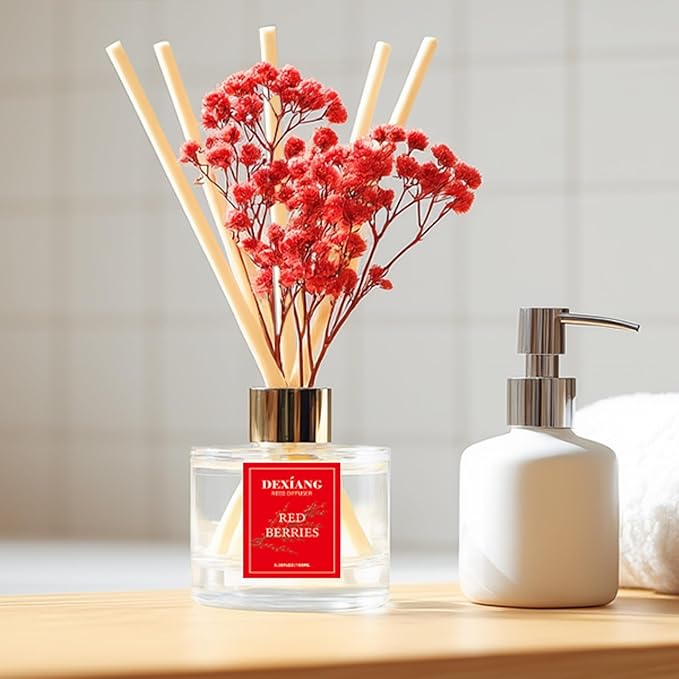 Reed Diffuser Set - 3.38 fl oz （100ml） Red Berries Home Fragrance Reed Diffuser for Bathroom Shelf Decor 6 Reed Stick