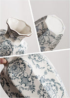 Blue and White Vase, Vintage Blue Ceramic Flower Vessel,Ceramic vases for Home Decor,Vintage Green and Beige for Console Table Mantle Chinoiserie Decor (Retro-03, Large)