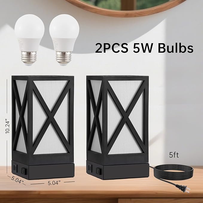 Table Lamp, Set of 2 Rustic Farmhouse Nightstand Lamps, 3 Color Temperatures Desk Lamp with USB Charging Ports AC Outlet Vintage Lamp for Living Room Bed Room, Black