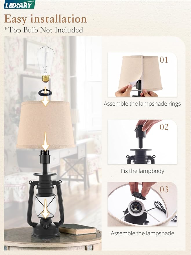 LEDIARY 18.72" Black LED Lantern Flickering Flame Table Lamps for Bedrooms Set of 2, Small Farmhouse Rustic End Table Lamps, Halloween Decorative Lantern Bedside Lamps for Living Room